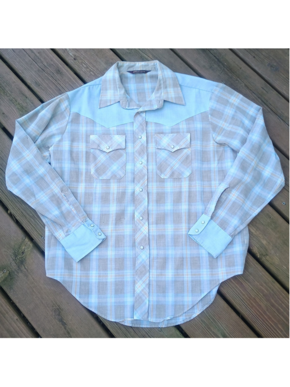 Vintage Career Club Slim Fit Western Pearl Snap Button Down Shirt Blue Tan Plaid